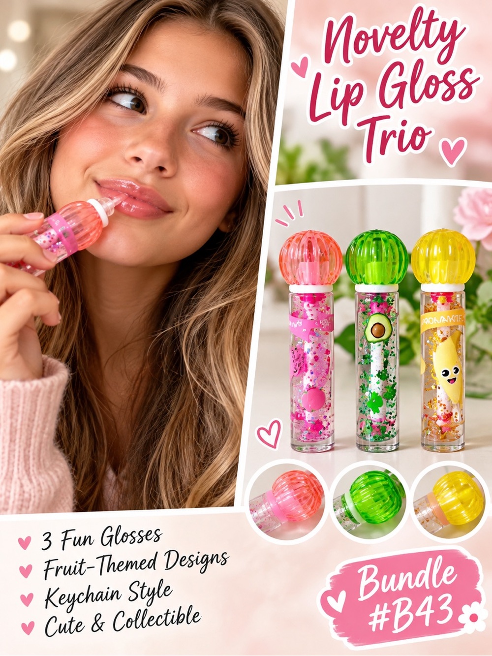 Kawaii Novelty Lip Gloss Trio 3 Pc Fruit Themed Gloss Bundle New
